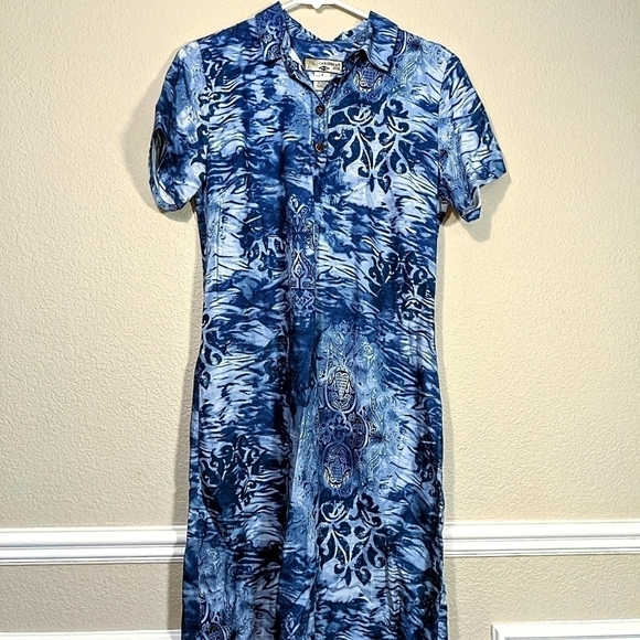 Caribbean Joe Blue Tropical Floral Hibiscus Midi Summer Collar Summer Dress - Picture 1 of 3